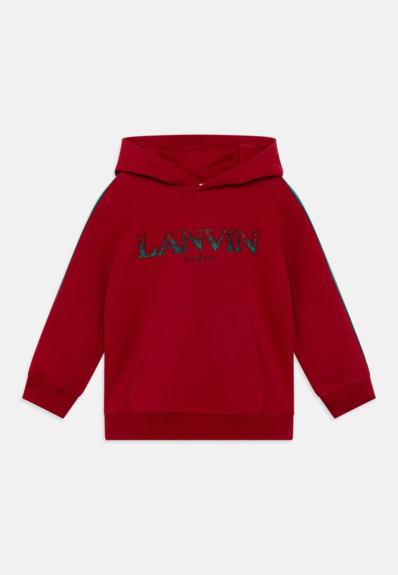 Piros kapucnis pulóver elülső zsebbel, amelyen a "LANVIN PARIS" felirat stílusos kék betűkkel, valamint kék oldalsávok vannak az ujjakon. Pamut anyag.