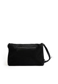 Black leather bag with a smooth texture, rectangular shape, front zipper pocket, and an adjustable shoulder strap. Minimalist design.