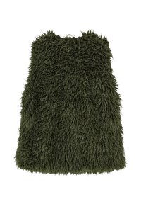 Neplofde mouwloze vest in donkergroen, met een zachte, harige textuur, een ronde halslijn en een A-lijn vorm.
