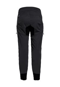 Pantalons softshell noirs avec une taille haute, poches zippées et panneaux découpes à l'arrière. Le tissu a une texture lisse et extensible.
