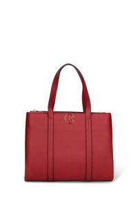 Borsa a mano in pelle rossa con doppio manico, texture granulata, chiusura con cerniera e emblema logo circolare dorato al centro frontale.