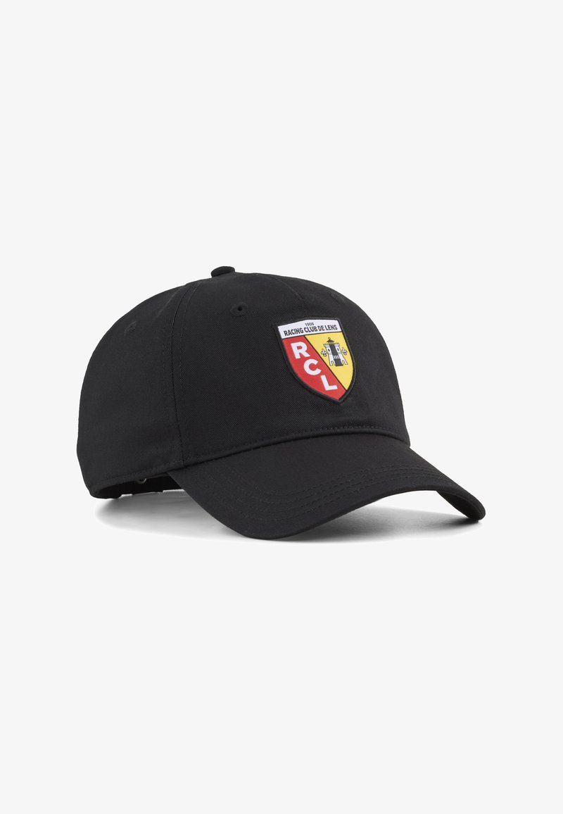 Casquette de baseball noire avec un patch du logo du Racing Club de Lens en rouge, jaune et blanc sur le panneau avant.