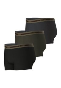 Boxer-briefs en noir, gris foncé et vert olive, avec une ceinture douce arborant le logo "Eminence". Fabrication en tissu lisse et design ajusté.