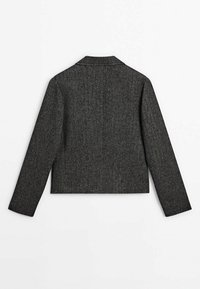 Donkergrijze gestructureerde wollen blazer, lange mouwen, eenvoudige getailleerde kraag, van achteren gezien op een witte achtergrond.