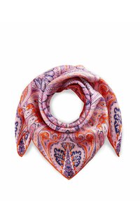 Zijden sjaal in een roze, oranje en paarse paisley patroon, met een driehoekige vorm en verlengde uiteinden, en een gladde textuur.