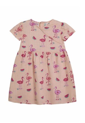 Vaaleanpunainen mekko lyhyillä hihoilla ja levenevällä hameella, jossa on flamingo- ja vesimelonikuosi. Valmistettu kevyestä kankaasta, jossa on teksturoitu pinta.