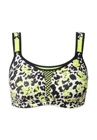 Leopardprint sportbeha in zwart, wit en neon groen. Voorzien van een mesh panelen, dikke banden en zwarte accenten.