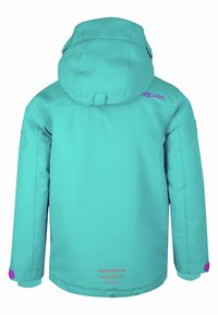 Türaus Wasserfestes Kapuzenjacke in Türkis mit rosa Akzenten, glatter Textur und reflektierenden Details auf dem Rücken und den Ärmeln.