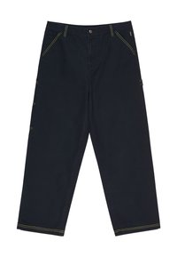 Dark navy pants with contrasting yellow stitching. Features a relaxed fit, two front pockets, and additional side accents for utility.