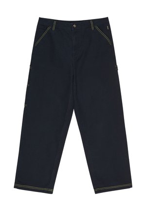 Dark navy pants with contrasting yellow stitching. Features a relaxed fit, two front pockets, and additional side accents for utility.