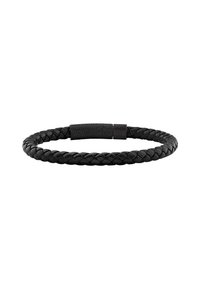 Pulsera de cuero trenzado negro con un cierre magnético cilíndrico texturizado, presentada sobre un fondo blanco.