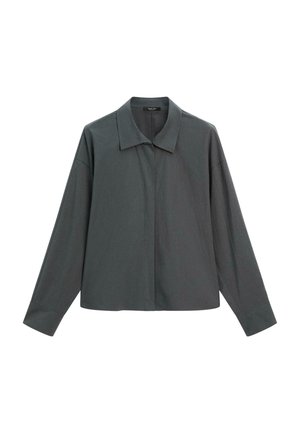 Donkergrijze lange mouwen shirt met een puntige kraag en verborgen knoopsluiting, weergegeven op een witte achtergrond.