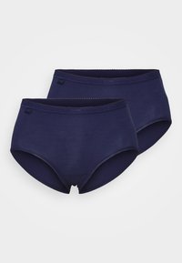 Tumesinise puuvillase hipster aluspesu, millel on sile tekstuur, elastne vöökoht ja kahekordne esiosa lisakomforti tagamiseks.