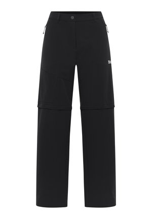 Schwarze Softshell-Hose mit lockerer Passform, ausgestattet mit Reißverschlusstaschen, einem Reißverschluss und einer strukturierten Oberfläche. Geeignet für den Outdoor-Einsatz.