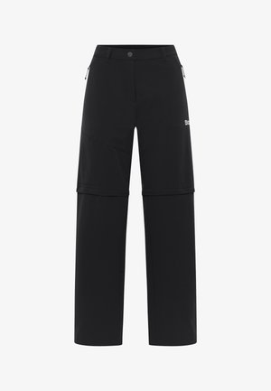 Pantaloni softshell neri con una vestibilità ampia, dotati di tasche con cerniera, chiusura con zip e una finitura testurizzata. Adatti per l'uso all'aperto.