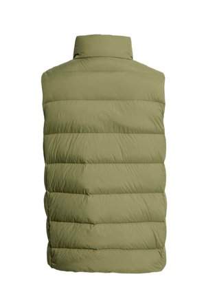 Gilet sans manches en vert olive avec un col haut, présentant un rembourrage matelassé et un extérieur lisse et brillant.