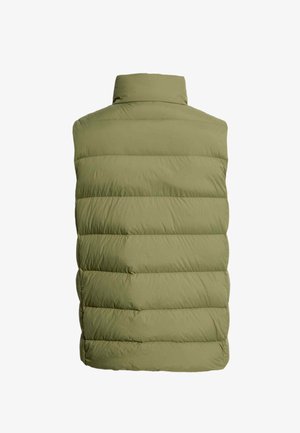 Gilet sans manches en vert olive avec un col haut, présentant un rembourrage matelassé et un extérieur lisse et brillant.