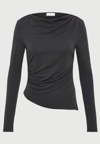 Crna majica dugih rukava s nizanim izrezom, s drapiranim detaljima sprijeda i asimetričnom donjom ivicom. Izrađena od meke i glatke tkanine.
