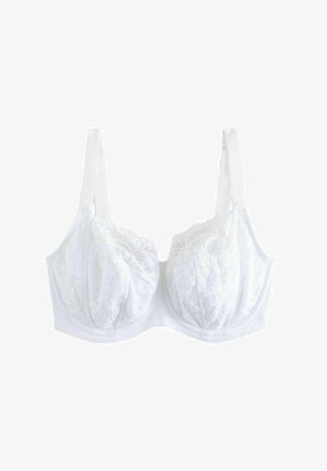 White bra with lace detailing on the cups, soft textured fabric, adjustable straps, and a smooth band underneath.