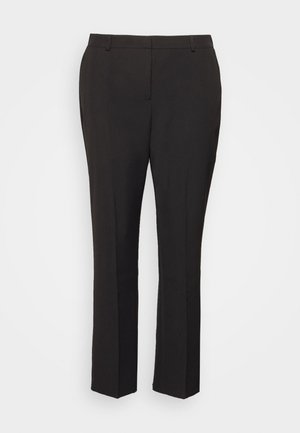 Pantalon formel noir à jambes droites avec passants de ceinture, couture avant et coupe ajustée, présenté sur un fond blanc uni.