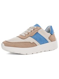 Beige and blue low-top sneaker with white sole and laces, featuring suede and fabric panels, angled view on white background.