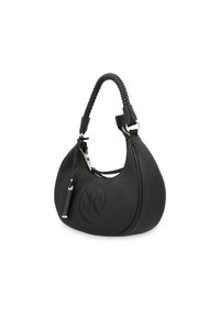 Black hobo bag with a smooth texture, features a braided strap, embossed logo, and silver hardware. Zipper closure with decorative pull.