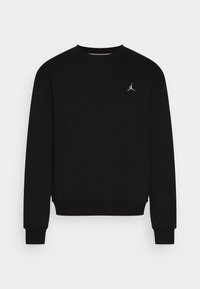 Schwarzer Pullover aus weichem Stoff, mit Rundhalsausschnitt und gerippten Bündchen. Kleines weißes Logo auf der linken Brustseite.