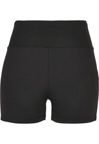 High-waisted black shorts made from stretchy fabric, featuring a smooth texture and simple design, with no visible pockets or hardware.