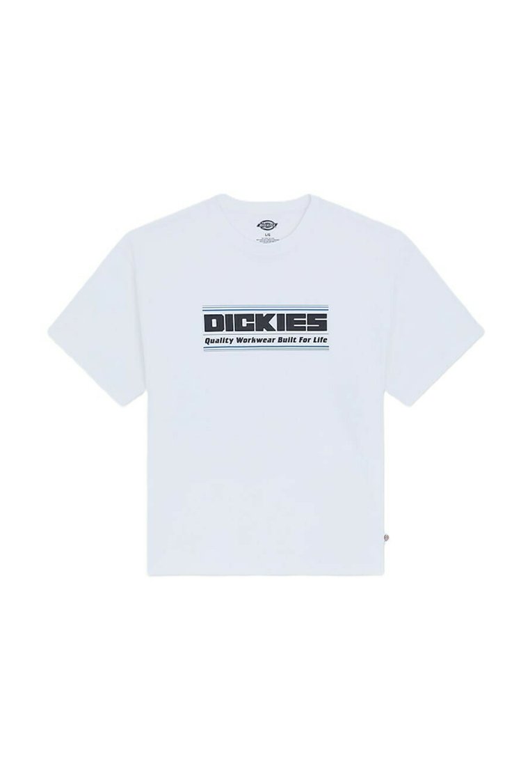 White short-sleeve t-shirt with "DICKIES Quality Workwear Built For Life" printed in bold black and blue letters on the front center.