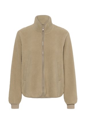 Veste en polaire beige avec col montant, fermeture éclair complète et poches latérales. Caractéristiques une surface douce et texturée ainsi que des poignets et un ourlet élastiqués.