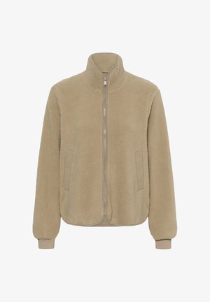 Veste en polaire beige avec col montant, fermeture éclair complète et poches latérales. Caractéristiques une surface douce et texturée ainsi que des poignets et un ourlet élastiqués.