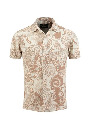 Koszula z krótkim rękawem zapinana na guziki, z beżowymi i białymi wzorami paisley oraz kwiatowymi na jasnym tle.