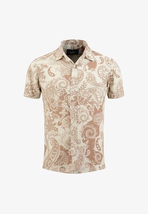 Camisa de manga corta con botones, con patrones de cachemira y flores en beige y blanco sobre un fondo claro.