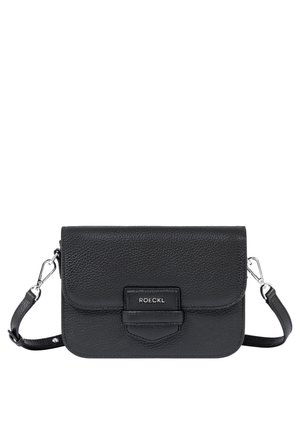 Black leather crossbody bag with an embossed surface, flap closure, silver hardware, and a logo plaque. Features an adjustable strap.