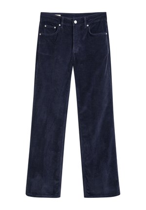 Marineblaue Cordhosen im weiten Schnitt mit weicher Textur, fünf Taschen und Metallknöpfen. Merkmale sind ein vertikales Rippenmuster und ein roher Saum.