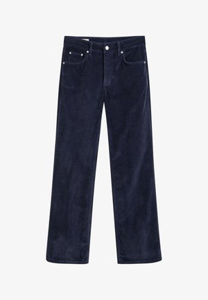 Pantaloni larghi in corduroy blu navy con una morbida texture, cinque tasche e bottoni in metallo. Presentano un motivo a righe verticali e orlo grezzo.