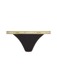 Mutande stile bikini nere con un elastico dorato in vita, caratterizzato da ripetute scritte bianche "KARL LAGERFELD".