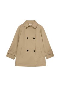beige dubbelzijdige trenchcoat gemaakt van gladde stof, voorzien van zwarte knopen, zijzakken en een brede kraag met opgerolde mouwen.