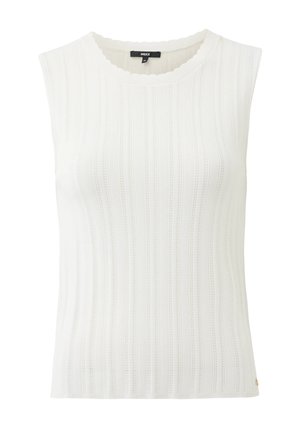 Witte mouwloze top van geribbelde stof met een golvende halslijn en subtiele verticale streeptextuur, merklabel zichtbaar aan de binnenkant van de kraag.