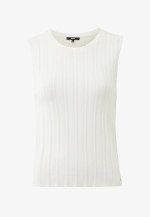 Top bianco senza maniche in maglia a costine con dettaglio di scollo smerlato e sottile texture a righe verticali, etichetta del marchio visibile all'interno del colletto.