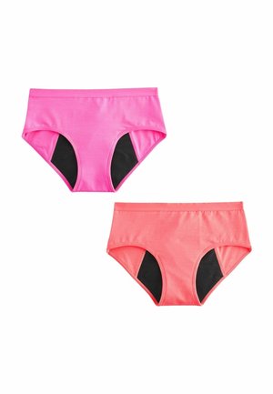 Två par damunderkläder: ett par i rosa och ett par i korall, båda med svarta nätpaneler på sidorna. Tillverkade av mjukt, stretchigt material.