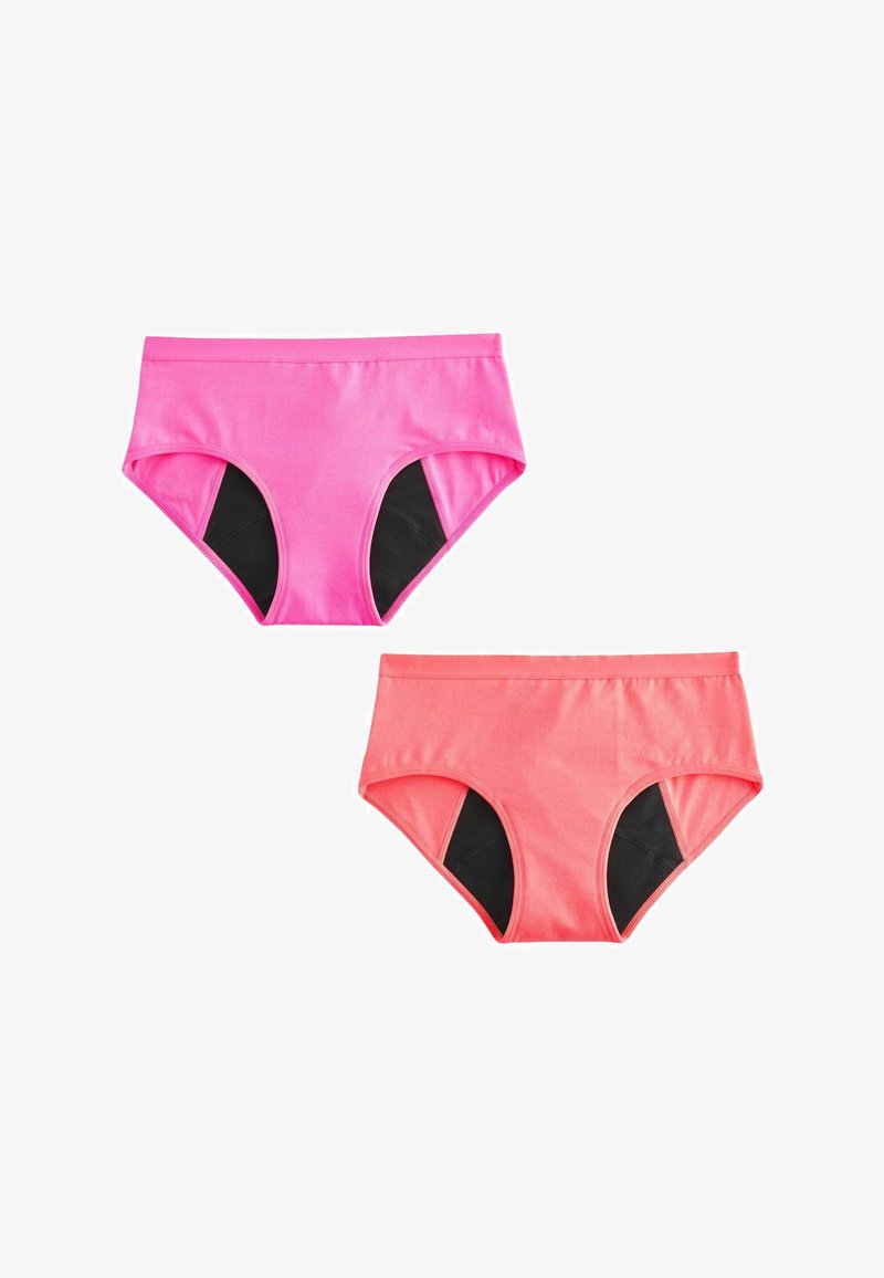 Zwei Paar Damenunterhosen: eine in Pink und eine in Koralle, jeweils mit schwarzen Netz-Seitenpaneelen. Hergestellt aus glattem, elastischem Stoff.