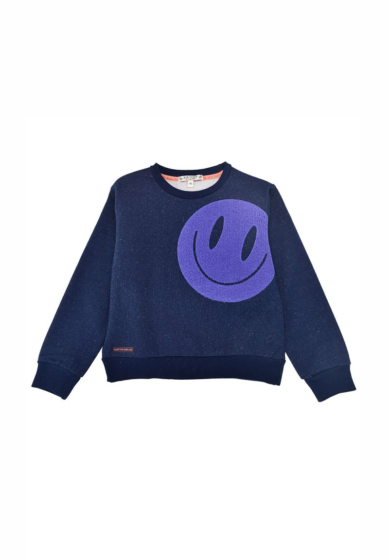 Navy sweatshirt made of textured fabric featuring a large purple smiley face design on the front and ribbed cuffs and hem.