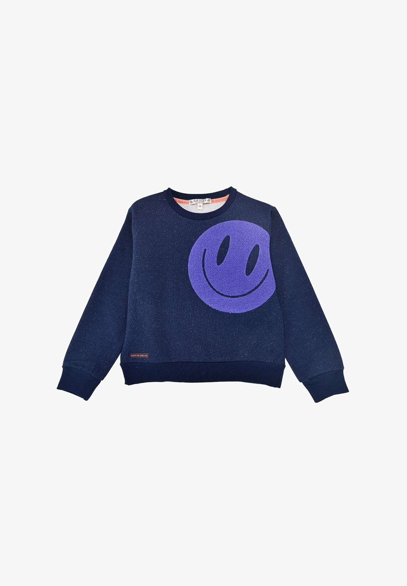 Marineblauer Sweatshirt aus strukturiertem Stoff mit einem großen lila Smiley-Gesicht-Design auf der Vorderseite sowie gerippten Bündchen und Saum.