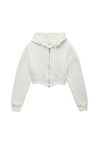 Weißer, gekürzter Hoodie mit einem Reißverschluss vorne, Kapuze mit Kordelzug und weiten Ärmeln, aus weichem, strukturiertem Stoff mit minimalistischem Design.