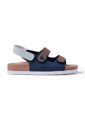 Sandalo blu e marrone con cinturini regolabili in Velcro, suola in gomma e base testurizzata. Caratterizzato da un design con punta e tallone aperti.