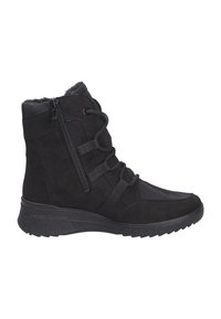 Zwarte enkellaarsjes met een bovenwerk van suede, veters en ritssluiting, rubberen zool en een gestructureerde afwerking. Binnenvoering voor warmte.