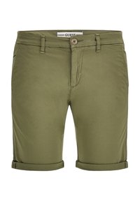 Bermudas de algodón en verde oliva con dobladillos enrollados, cierre de botón y bolsillos frontales. Textura suave con un diseño casual.