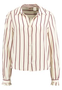 Camisa abotonada en una tela color crema con rayas verticales burdeos, que presenta un cuello clásico, mangas largas con puños fruncidos y un dobladillo recto.