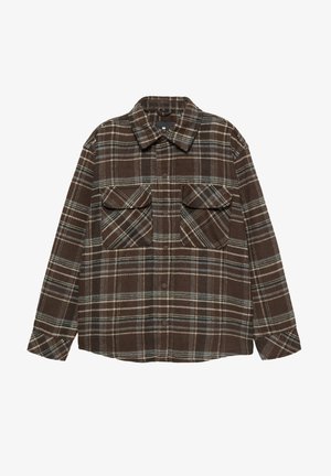 Bruin geruit overhemd met twee borstzakken, lange mouwen, een puntige kraag en een zachte textuur. Heeft blauwe en beige lijnen in het patroon.